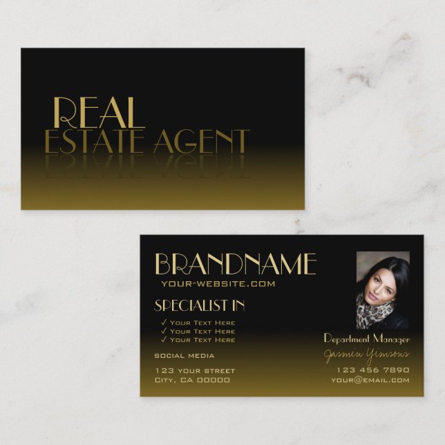 Elegant Mirror Font Stylish Black Brown with Photo Business Card (Front/Back)