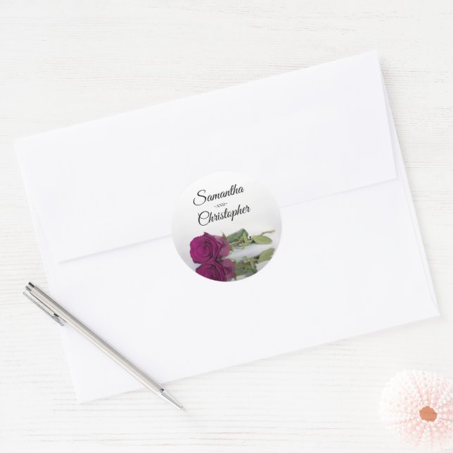 Elegant Mirrored Magenta Rose Wedding Classic Round Sticker (Envelope)