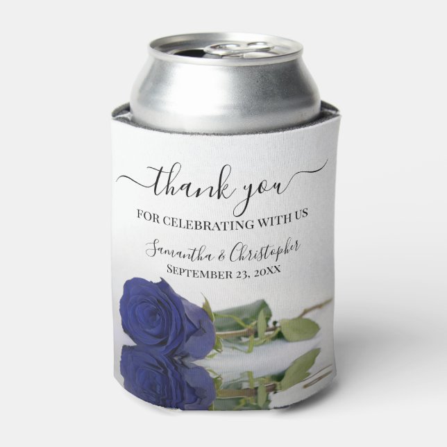 Elegant Mirrored Navy Blue Rose Wedding Thank You Can Cooler (Can Front)