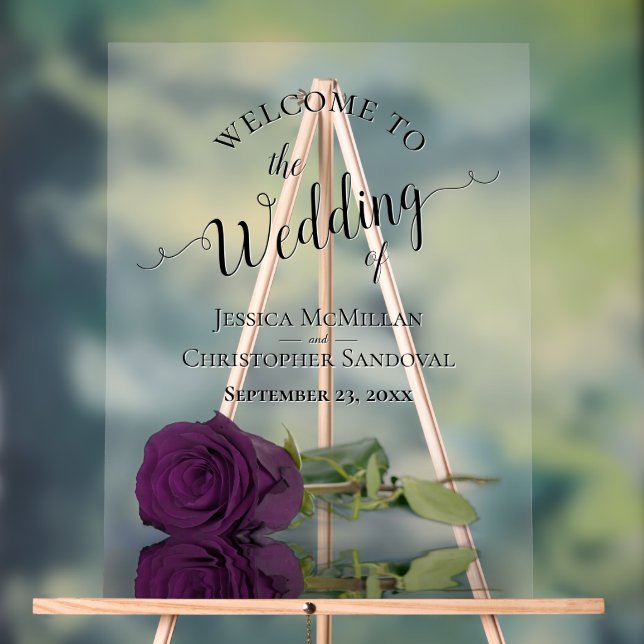 Elegant Mirrored Plum Purple Rose Wedding Welcome Acrylic Sign (Neutral)