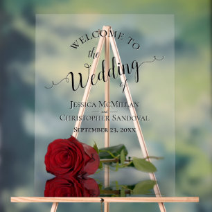 Elegant Mirrored Red Rose Romantic Wedding Welcome Acrylic Sign