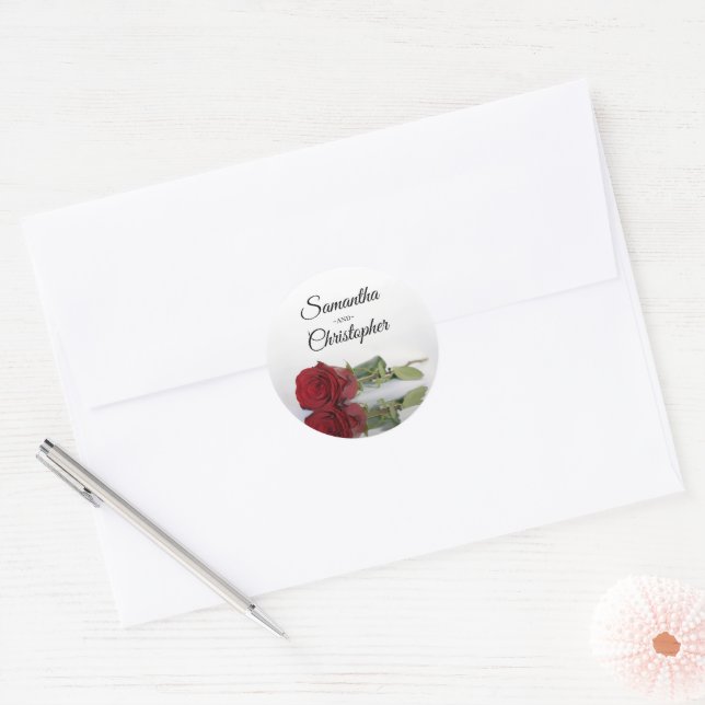 Elegant Mirrored Red Rose Wedding Classic Round Sticker (Envelope)