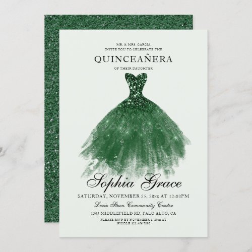 Elegant Mis Quince Green Glitter Quinceaera Invitation