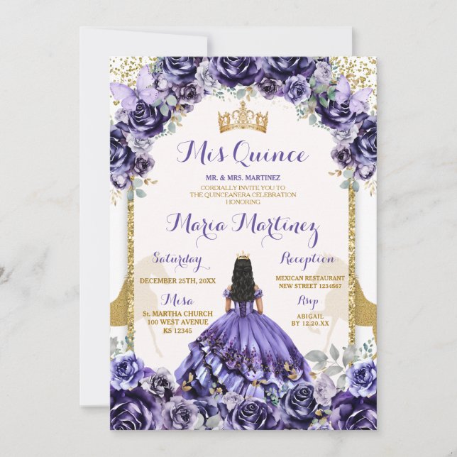 Elegant Mis Quince Purple & Butterfly Flowers Invitation (Front)