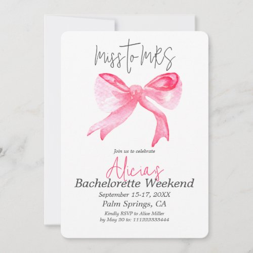 Elegant Miss to MRS Pink Bow Bachelorette Party Invitation