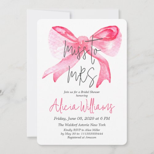 Elegant Miss to MRS Ribbon Pink Bow Bridal Shower Invitation