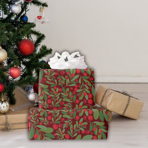 Elegant Mistletoe Burgundy Background Christmas  Wrapping Paper