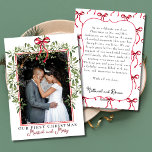 Elegant Mistletoe First Christmas Married Photo Holiday Card<br><div class="desc">Elegant Mistletoe and Red Coquette Bow Frame First Christmas Married Photo Holiday Card - Married and Merry - Christmas bow pattern - Send your first Merry Christmas greetings to family and friends as the new Mr. and Mrs. with this elegant, stylish watercolor mistletoe red bow frame photo holiday card. Customize...</div>
