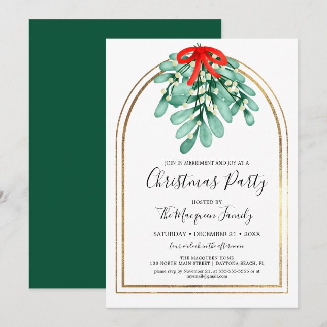 Elegant Mistletoe Gold Arch Frame Christmas Party  Invitation (Front/Back)