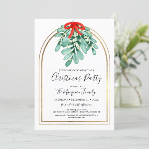 Elegant Mistletoe Gold Arch Frame Christmas Party Invitation | Zazzle