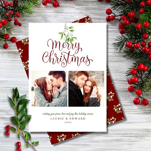 Elegant Mistletoe Merry Christmas Couples 2 Photo Holiday Card