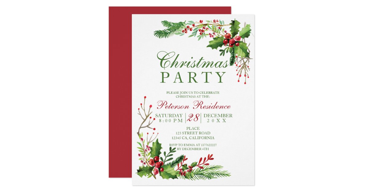 Elegant mistletoe watercolor red green Christmas Invitation | Zazzle.com