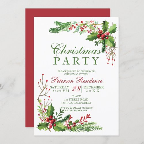 Elegant mistletoe watercolor red  green Christmas Invitation