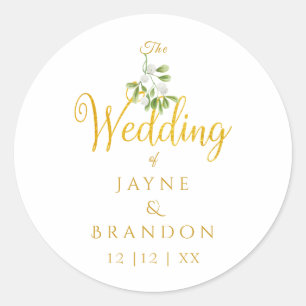 Elegant Mistletoe Winter Wedding Gold Script Classic Round Sticker