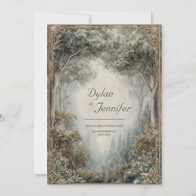 Elegant Misty Forest Archway Sage Gold Frame Invitation (Front)