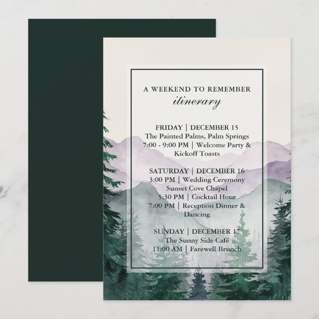 Elegant Misty Mountain Forest Itinerary Card (Front/Back)