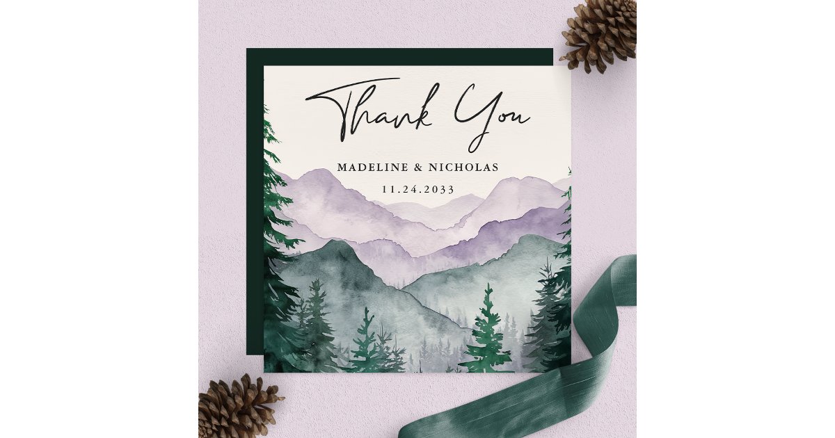 Elegant Misty Mountain Forest Script Wedding Thank You Card | Zazzle
