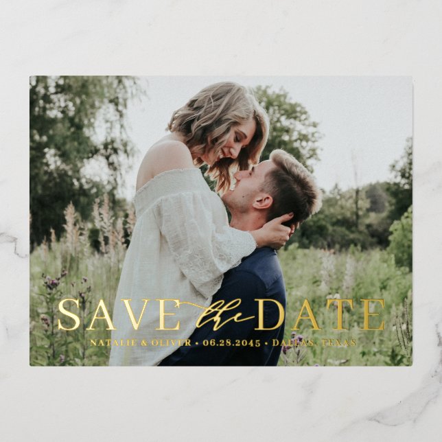 Elegant Mix Typography Photo Save the Date Foil Invitation Postcard (Front)
