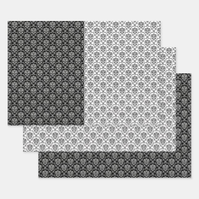 Elegant Mixed Black and White Damask Wrapping Paper Sheets (Set)