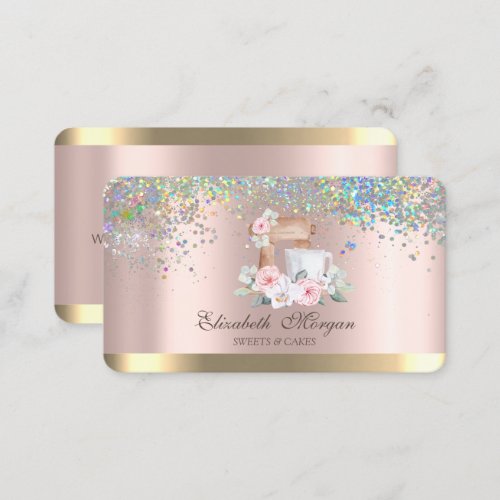 Elegant Mixer Flower Confetti Rose Gold Bakery  Business Card