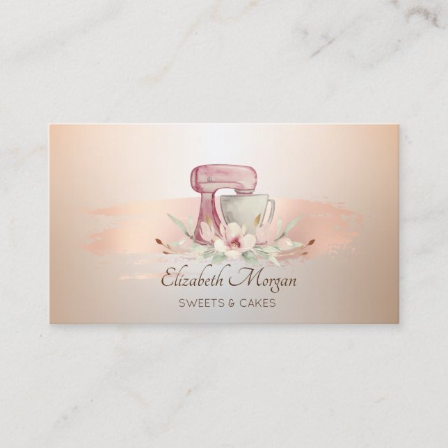 Elegant Mixer Flower Rose Gold Brush Stroke Bakery Business Card (Front)