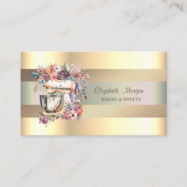 Elegant Mixer Flowers,Faux Gold Stripes  Business Card (Front)