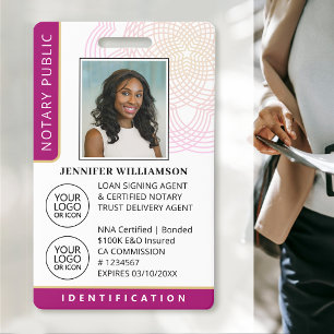 Elegant Mobile Notary Public Photo ID Badge   Pink