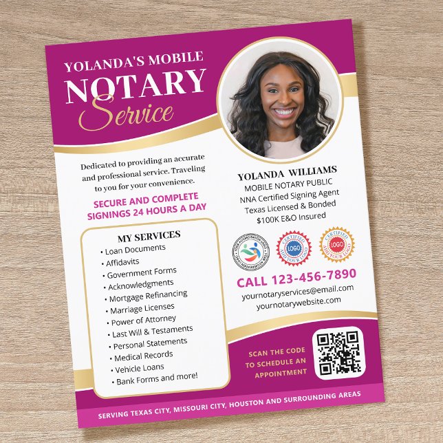 Elegant Mobile Notary Public QR Code Magenta Flyer (Creator Uploaded)