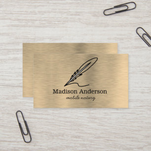Elegant Mobile Notary Quill Gold Brushed Metal Business Card