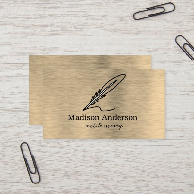 Elegant Mobile Notary Quill Gold Brushed Metal  Business Card (Front/Back In Situ)