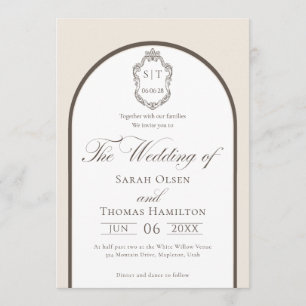 Elegant Mocha And Cream Monogram Wedding Invitation