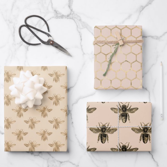 Elegant mocha black and gold bee-themed wrapping paper sheets (Front)