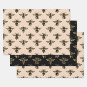 Elegant mocha black and golden bees wrapping paper sheets
