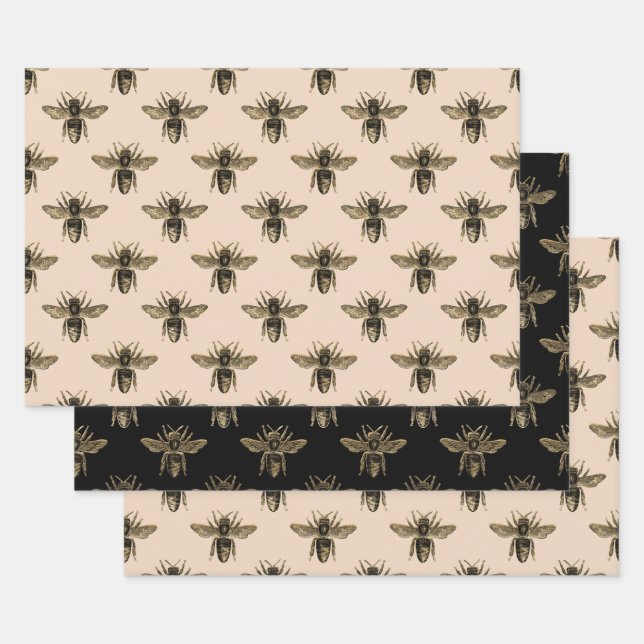 Elegant mocha black and golden bees  wrapping paper sheets (Set)