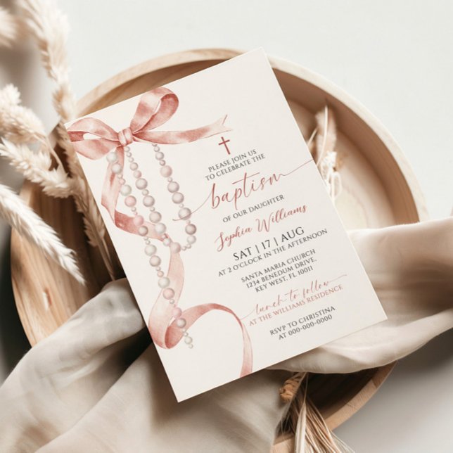 Elegant Mocha Bow & Rosary Baptism Invitation (Creator Uploaded)