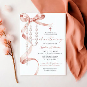 Elegant Mocha Bow & Rosary Christening Invitation