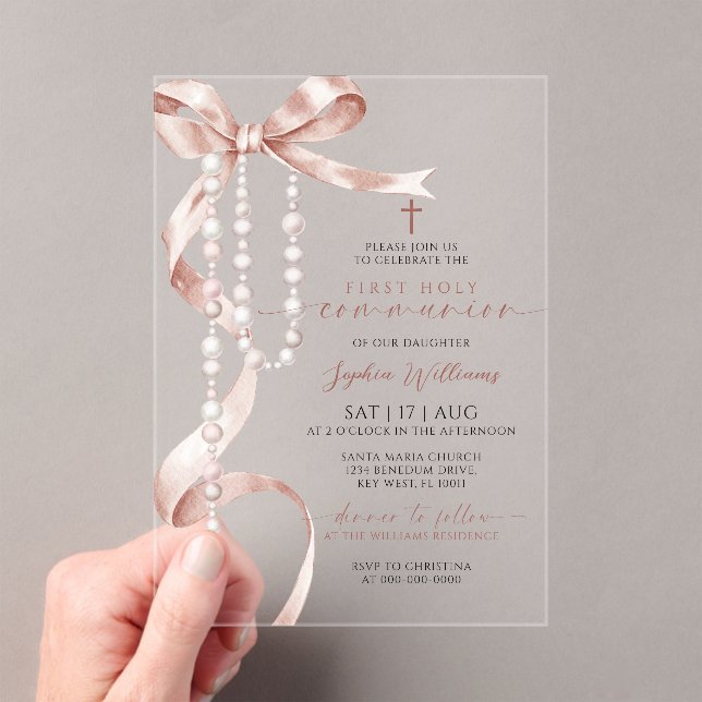 Elegant Mocha Bow & Rosary First Holy Communion Acrylic Invitations (Insitu (Handheld))