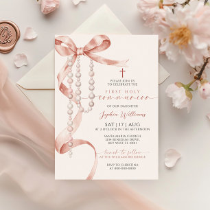 Elegant Mocha Bow & Rosary First Holy Communion Invitation