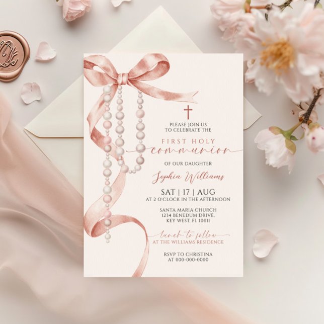 Elegant Mocha Bow & Rosary First Holy Communion Invitation (Creator Uploaded)