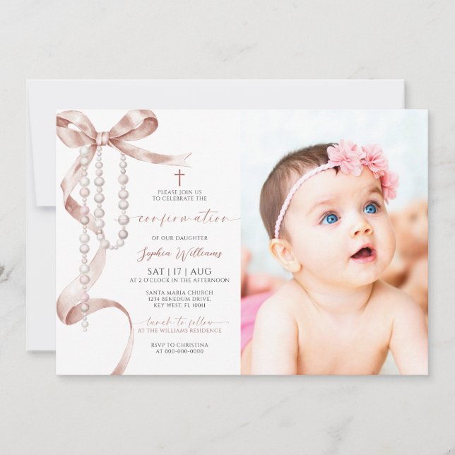 Elegant Mocha Bow & Rosary Photo Confirmation Invitation (Front)