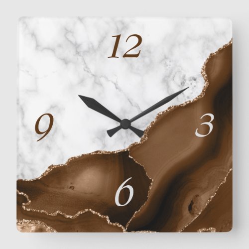 Elegant Mocha Brown Agate Gold Glitter Marble Square Wall Clock