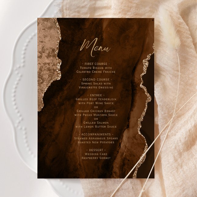 Elegant Mocha Brown Gold Agate Wedding Menu (Creator Uploaded)
