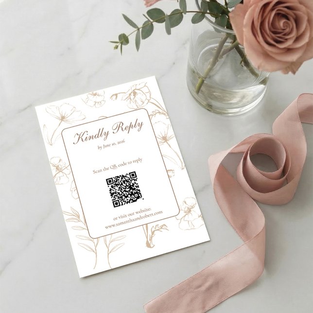 Elegant Mocha Floral Line Art QR Code Wedding RSVP Card (Elegant Beige Floral Wedding QR Code RSVP Enclosure)