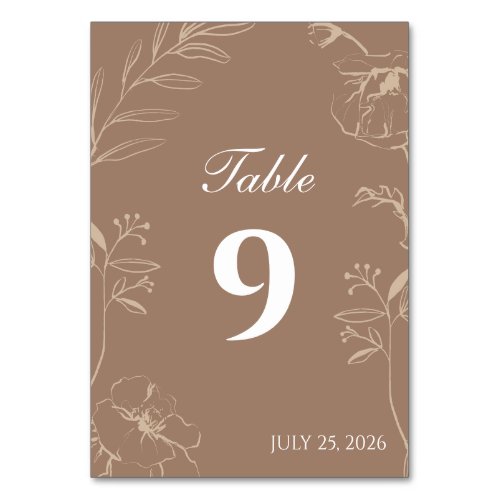 Elegant Mocha Floral Line Art Wedding Table Number