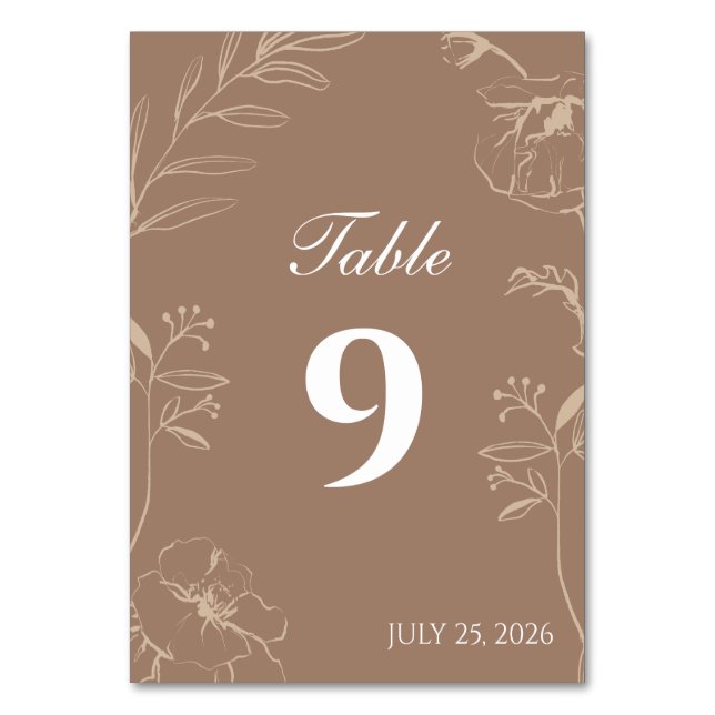 Elegant Mocha Floral Line Art Wedding Table Number (Front)