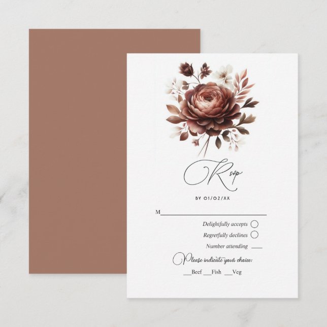 Elegant Mocha Mousse Floral Wedding RSVP Card (Front/Back)