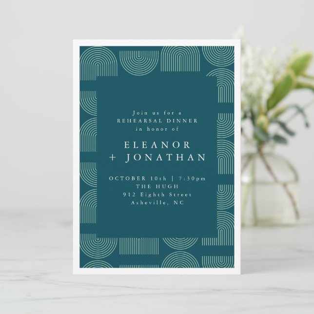Elegant Mod Arch Lines Teal Blue Rehearsal Dinner Invitation (Standing Front)