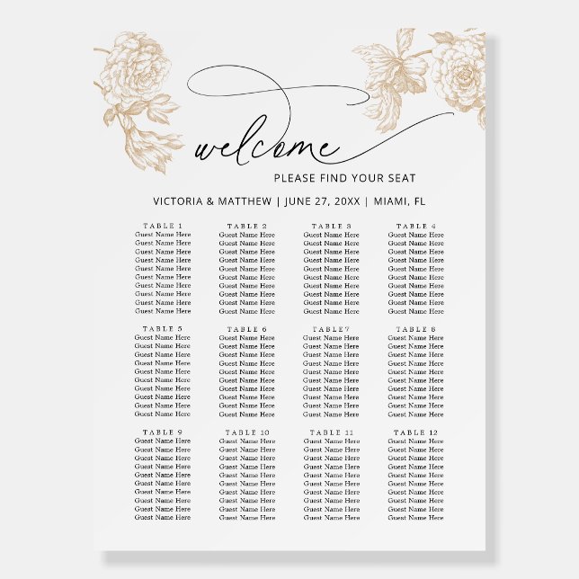 Elegant Modern 12 Table Wedding Seating Chart Foam Board (Front)