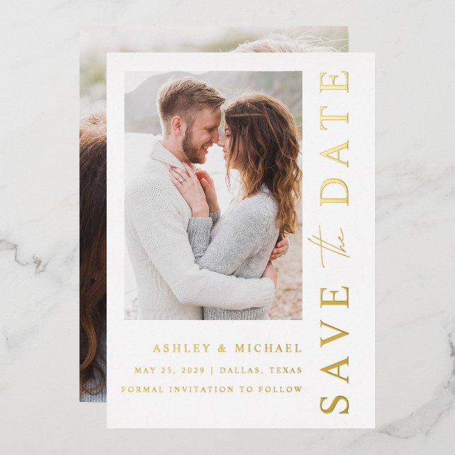 Elegant Modern 2 Photo Wedding Save the Date Gold Foil Invitation (Front/Back)