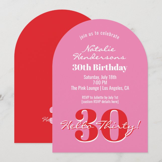 Elegant Modern 30th Birthday Pink Red Typography Invitation (Front/Back)